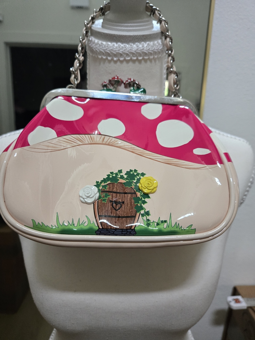 Betsey Johnson Red Polka Dot Mushroom Garden Clutch | Novelty Barrel Bag Chain